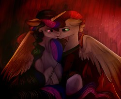 Size: 1894x1555 | Tagged: artist needed, source needed, safe, princess celestia, oc, oc:myrilith, alicorn, pegasus, pony, g4, canon x oc, celith, duo, kissing