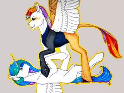 Size: 2560x1920 | Tagged: artist needed, source needed, safe, princess celestia, oc, oc:myrilith, alicorn, draconequus, pony, g4, canon x oc, celith, duo, eye mist