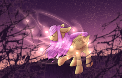 Size: 1280x820 | Tagged: safe, artist:rainpath5466, fluttershy, pegasus, pony, g4, eyes closed, female, floppy ears, mare, night, profile, raised hoof, smiling, solo, standing, windswept mane, wings