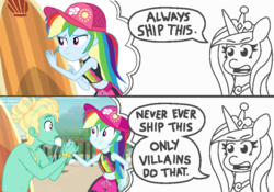 Size: 1229x858 | Tagged: safe, artist:ilaria122, artist:threetwotwo32232, gladys, princess cadance, rainbow dash, zephyr breeze, alicorn, blue crushed, equestria girls, g4, my little pony equestria girls: better together, always ship this, anti-shipping, belly button, clothes, comic, dialogue, exploitable meme, female, gladysdash, hat, male, meme, midriff, multicolored hair, my hero academia, parody, princess of shipping, ship:zephdash, shipper on deck, shipping, simple background, straight, surfboard, swimsuit