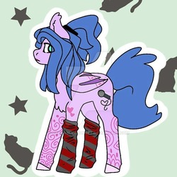 Size: 600x600 | Tagged: safe, artist:naomi-bluebonnet, oc, oc only, oc:evelyn glasswater, bat pony, cat, pony, abstract background, bat pony oc, clothes, coat markings, colored hooves, female, mare, microphone, obtrusive watermark, ponytail, socks, solo, stars, striped socks, swirly markings, watermark