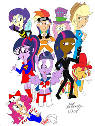 Size: 1024x1362 | Tagged: safe, artist:newportmuse, applejack, fluttershy, pinkie pie, rainbow dash, rarity, sci-twi, sunset shimmer, twilight sparkle, oc, oc:twyla sparks, alicorn, human, g4, black panther, clothes, cosplay, costume, hello kitty, hello kitty (character), humanized, mad hatter, male, mane six, naruto, quick draw mcgraw, sailor moon (series), sanrio, superman, the wonderful wasp, twilight sparkle (alicorn)