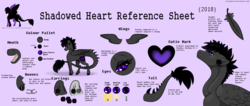 Size: 3683x1561 | Tagged: safe, artist:bloodedlove, oc, oc only, oc:shadowed heart, pegasus, pony, classical pegasus, ear piercing, earring, female, horseshoes, jewelry, mare, mawshot, open mouth, piercing, purple background, reference sheet, simple background, solo, text, underhoof, unshorn fetlocks