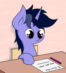 Size: 1289x1429 | Tagged: safe, artist:php142, oc, oc only, oc:purple flix, pony, cute, exam, finals, looking down, male, ocbetes, paper, pencil, question, reading, school, sitting, solo