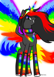 Size: 3508x4961 | Tagged: safe, artist:celestialess, oc, oc only, oc:princess neon boom, alicorn, original species, pony, alicorn oc, colored horn, colored wings, female, grin, horn, jewelry, mare, multicolored wings, neon pony, rainbow tail, rainbow wings, regalia, simple background, smiling, solo, spread wings, transparent background, wings