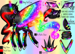 Size: 900x655 | Tagged: safe, artist:nekomellow, oc, oc only, oc:princess neon boom, alicorn, bird, crow, pony, alicorn oc, colored horn, colored wings, converse, ear piercing, earring, female, gradient background, heterochromia, horn, jewelry, mare, multicolored wings, piercing, rainbow background, rainbow tail, rainbow wings, shoes, solo