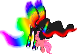 Size: 2156x1514 | Tagged: safe, artist:creshosk, oc, oc only, oc:cherry bloom, oc:princess neon boom, alicorn, original species, pony, alicorn oc, colored horn, colored wings, converse, duo, ethereal mane, eyes closed, female, filly, horn, mare, multicolored wings, neon pony, rainbow tail, rainbow wings, shoes, simple background, spread wings, transparent background, wings
