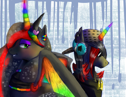 Size: 1100x850 | Tagged: safe, artist:terrac0tta, oc, oc only, oc:prince neon bass, oc:princess neon boom, alicorn, original species, pony, abstract background, alicorn oc, brother and sister, colored horn, duo, ear piercing, earring, female, horn, jewelry, male, mare, neon pony, piercing, regalia, stallion