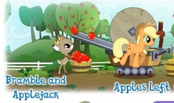 Size: 351x208 | Tagged: safe, gameloft, idw, applejack, bramble, g4, apple, duo, food, idw showified, machine