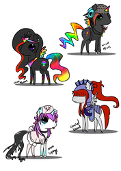 Size: 1240x1748 | Tagged: safe, artist:hoshi-kou, oc, oc only, oc:crossed blood, oc:neon syringe, oc:prince neon bass, oc:princess neon boom, alicorn, original species, pony, alicorn oc, armor, colored horn, colored wings, ethereal mane, female, group, horn, male, mare, multicolored wings, neon pony, quartet, rainbow tail, rainbow wings, simple background, stallion, white background