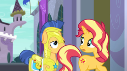 Size: 1920x1080 | Tagged: safe, screencap, flash sentry, sunset shimmer, pegasus, unicorn, equestria girls, equestria girls specials, g4, my little pony equestria girls: better together, my little pony equestria girls: forgotten friendship, animation error, duo, missing wing