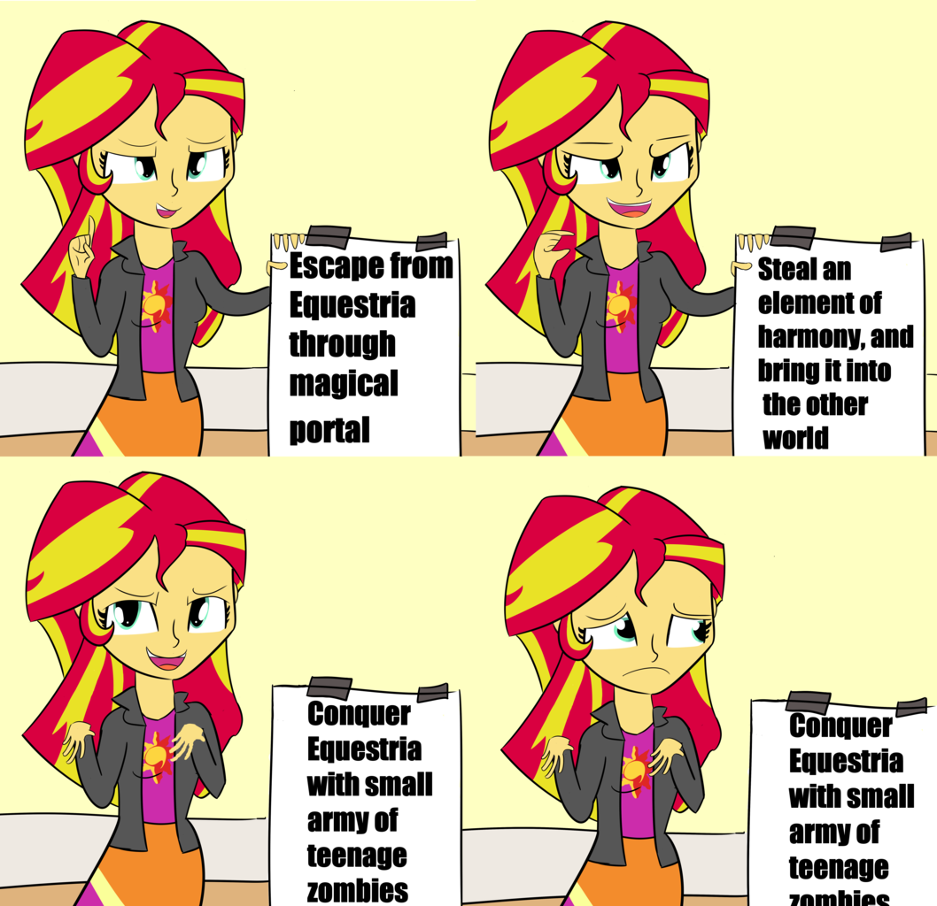 Absurd Res Artist Artiks Despicable Me Equestria Girls Female Gru S Plan Human Meme Safe Solo Sunset Shimmer Truth Derpibooru