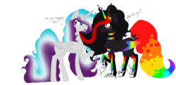 Size: 1280x621 | Tagged: safe, artist:whitephoxx, oc, oc only, oc:frost heart, oc:princess neon boom, alicorn, original species, pony, alicorn oc, colored horn, colored wings, duo, ethereal mane, female, horn, jewelry, mare, multicolored wings, neon pony, rainbow tail, rainbow wings, raised hoof, regalia, simple background, transparent background