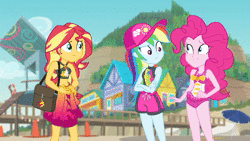 Size: 1920x1080 | Tagged: safe, screencap, pinkie pie, rainbow dash, sunset shimmer, equestria girls, equestria girls series, forgotten friendship, g4, most likely to be forgotten, animated, belly button, female, geode of empathy, geode of sugar bombs, geode of super speed, magical geodes, midriff, sound, webm