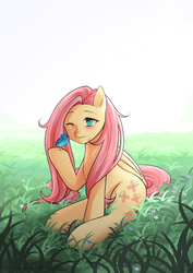 Size: 1200x1697 | Tagged: safe, artist:liny-an, fluttershy, bird, pegasus, pony, g4, backlighting, blushing, day, female, folded wings, grass, grass field, hoof hold, mare, nature, one eye closed, sitting, smiling, solo, sun, wink