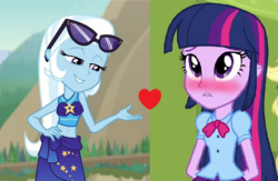 Size: 638x416 | Tagged: safe, edit, edited screencap, screencap, trixie, twilight sparkle, equestria girls, equestria girls specials, g4, my little pony equestria girls: better together, my little pony equestria girls: forgotten friendship, my little pony equestria girls: rainbow rocks, belly button, blushing, clothes, female, hand on hip, lesbian, midriff, sarong, ship:twixie, shipping, shipping domino, sunglasses, sunglasses on head, swimsuit