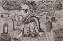 Size: 1024x668 | Tagged: safe, artist:turquoisethought, applejack, earth pony, pony, g4, clothes, female, gravestone, hat, monochrome, nightmare night, shovel, solo, traditional art