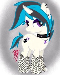 Size: 400x503 | Tagged: safe, artist:artistcosmic, oc, oc only, oc:raving radiance, pony, fishnet stockings, lidded eyes, magical lesbian spawn, offspring, parent:octavia melody, parent:vinyl scratch, parents:scratchtavia, scene kid, solo