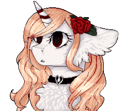 Size: 256x232 | Tagged: safe, artist:czywko, oc, oc only, pony, unicorn, animated, blinking, bust, choker, commission, female, flower, flower in hair, gif, mare, pink hair, pixel art, portrait, red eyes, rose, simple background, solo, transparent background