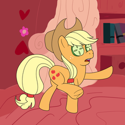 Size: 1200x1200 | Tagged: safe, artist:pavlovzdawg, applejack, pony, g4, look before you sleep, cucumber, female, food, frog (hoof), golden oaks library, heart, silly, silly pony, solo, underhoof, who's a silly pony