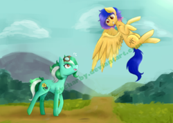 Size: 1000x713 | Tagged: safe, artist:charbycharby, oc, oc only, earth pony, pegasus, pony, duo, female, flying, goggles, mare, watermark