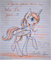 Size: 800x942 | Tagged: safe, artist:creatrix-shyra, oc, oc only, alicorn, pony, alicorn oc, anna kendrick, beca mitchell, cup song, lined paper, pitch perfect (movie), solo, song reference, the cup song, traditional art