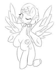 Size: 930x1200 | Tagged: safe, artist:akainu_pony, somnambula, pegasus, pony, g4, black and white, female, grayscale, headdress, jewelry, mare, monochrome, necklace, one eye closed, solo, spread wings, standing, wings, wink