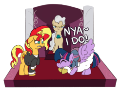 Size: 1039x795 | Tagged: safe, derpibooru exclusive, mayor mare, sunset shimmer, twilight sparkle, alicorn, pony, unicorn, g4, behaving like a cat, clothes, cringing, cuffs (clothes), cute, dress, female, horn, horn ring, jewelry, lesbian, marriage, necklace, nya, regret, ring, ship:sunsetsparkle, shipping, simple background, speech, suit, town hall, transparent background, tuxedo, twilight sparkle (alicorn), wedding, wedding dress, wedding ring