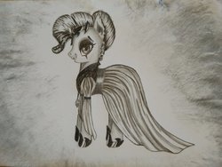 Size: 1024x768 | Tagged: safe, artist:turquoisethought, rarity, pony, vampire, g4, clothes, costume, dress, female, monochrome, nightmare night, nightmare night costume, solo, traditional art
