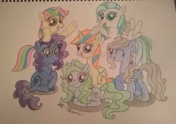 Size: 3891x2760 | Tagged: safe, artist:prinrue, oc, oc only, oc:midnight serenade, oc:novella, oc:page turner, oc:silver gears, oc:starshine note, oc:sunshine spark, pegasus, pony, unicorn, colored pencil drawing, female, group, high res, mare, one eye closed, prone, simple background, traditional art, white background, wink