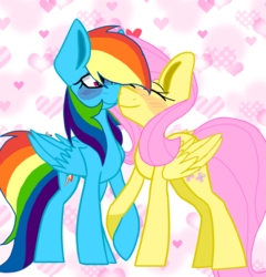 Size: 1024x1065 | Tagged: safe, artist:circuspaparazzi5678, fluttershy, rainbow dash, pegasus, pony, g4, base used, blushing, female, folded wings, heart, holding hooves, kissing, lesbian, mare, ship:flutterdash, shipping, smiling, standing, wings