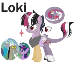 Size: 615x516 | Tagged: safe, artist:superrosey16, discord, twilight sparkle, oc, oc:loki, draconequus, hybrid, g4, draconequus oc, female, interspecies offspring, male, offspring, parent:discord, parent:twilight sparkle, parents:discolight, reference sheet, ship:discolight, shipping, simple background, solo, straight, transparent background