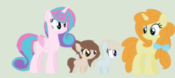 Size: 1019x455 | Tagged: safe, artist:lillypupgirlsweet, princess flurry heart, pumpkin cake, oc, oc:angel cake, oc:spike cake, alicorn, earth pony, pegasus, pony, unicorn, g4, female, filly, lesbian, magical lesbian spawn, mare, offspring, older, older flurry heart, older pumpkin cake, parent:princess flurry heart, parent:pumpkin cake, parents:pumpkin heart, ship:pumpkin heart, shipping, simple background, smiling