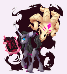 Size: 600x660 | Tagged: safe, artist:centchi, artist:szafir87, fhtng th§ ¿nsp§kbl, oleander (tfh), classical unicorn, pony, unicorn, them's fightin' herds, 666, animated, black magic, book, butt, cinemagraph, cloven hooves, community related, curved horn, eldritch abomination, female, glowing eyes, horn, leonine tail, lidded eyes, looking back, mare, no pupils, plot, skull, unicornomicon, unshorn fetlocks