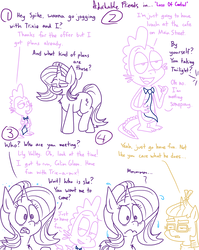 Size: 1280x1611 | Tagged: safe, artist:adorkabletwilightandfriends, lily, lily valley, moondancer, spike, starlight glimmer, dragon, pony, unicorn, comic:adorkable twilight and friends, g4, adorkable friends, comic, grammar error, jealous, lineart, necktie, slice of life, sweat, sweatdrop