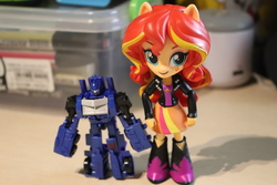 Size: 6000x4000 | Tagged: safe, artist:artofmagicpoland, sunset shimmer, equestria girls, g4, crossover, doll, equestria girls minis, optimus prime, optiset, shipping, toy, transformers