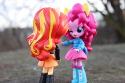 Size: 6000x4000 | Tagged: safe, artist:artofmagicpoland, pinkie pie, sunset shimmer, equestria girls, g4, conversation, doll, equestria girls minis, irl, photo, photography, talking to each other, toy