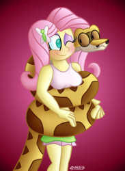 Size: 768x1050 | Tagged: safe, artist:snakeythingy, fluttershy, snake, equestria girls, g4, blushing, coils, commission, gradient background, looking at each other, story included