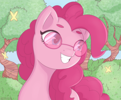 Size: 6000x5000 | Tagged: safe, artist:lemanda, pinkie pie, butterfly, earth pony, pony, g4, absurd resolution, bush, bust, cute, female, glasses, mare, pinkie specks, smiling, solo, tree