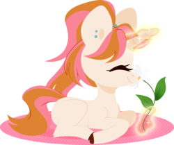 Size: 3768x3144 | Tagged: safe, artist:belka-sempai, oc, oc only, oc:belka, pony, unicorn, eyes closed, female, filly, flower, glowing horn, high res, hooves, horn, levitation, lineless, lying down, magic, mare, missing cutie mark, pigtails, profile, prone, simple background, smiling, solo, telekinesis, transparent background