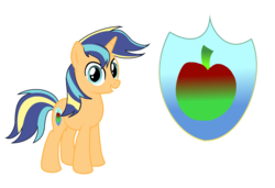 Size: 2104x1436 | Tagged: safe, artist:rainbows-skies, oc, oc only, oc:apple shield, pony, unicorn, cutie mark background, male, next generation, offspring, parent:applejack, parent:shining armor, parents:shiningjack, simple background, solo, stallion, transparent background