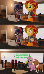 Size: 1920x3240 | Tagged: safe, artist:red4567, sci-twi, spike, spike the regular dog, sunset shimmer, twilight sparkle, winona, dog, equestria girls, g4, 3d, coffee, collar, comic, computer, everything is ruined, fainted, laptop computer, mug, source filmmaker, spilled drink, whistle