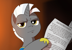 Size: 3669x2520 | Tagged: safe, artist:doublewbrothers, oc, oc:scope, pony, unicorn, equestria daily, armor, gradient background, high res, make equestria great again, misspelling, newspaper, royal guard, tommy lee jones, trump, unamused