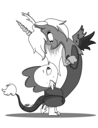 Size: 1024x1325 | Tagged: safe, artist:loreto-arts, discord, spike, draconequus, dragon, g4, black and white, coils, eris, erispike, female, grayscale, half r63 shipping, hug, male, monochrome, rule 63, ship:dispike, shipping, simple background, straight, transparent background