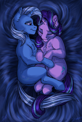 Size: 2000x3000 | Tagged: safe, artist:shimazun, starlight glimmer, trixie, pony, unicorn, g4, chest fluff, cuddling, female, high res, horn, lesbian, mare, ship:startrix, shipping, sleeping