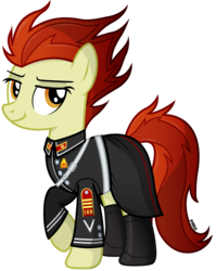 Size: 3100x3900 | Tagged: safe, artist:a4r91n, oc, oc only, oc:para focului, earth pony, pony, boots, clothes, food, high res, lidded eyes, looking at you, pear, shoes, simple background, skirt, smug, solo, transparent background, uniform, vector