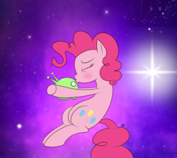 Size: 3345x3000 | Tagged: safe, artist:feralroku, pinkie pie, earth pony, pony, g4, blushing, crossover, cute, eyes closed, final space, high res, hug, kissing, mooncake (final space), shipping, smiling