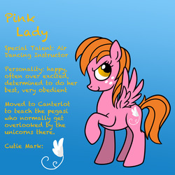 Size: 1280x1280 | Tagged: safe, artist:pampoke, oc, oc only, oc:pink lady, pegasus, pony, an apple and four angels, ask, bio, cutie mark, female, freckles, gradient background, mare, offspring, parent:big macintosh, parent:fluttershy, parents:fluttermac, raised hoof, solo, tumblr