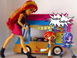 Size: 1200x900 | Tagged: safe, artist:whatthehell!?, starlight glimmer, sunset shimmer, equestria girls, g4, clothes, doll, equestria girls minis, eqventures of the minis, female, food, giantess, gojira, irl, macro, pants, photo, ponied up, sunset sushi, sushi, toy, truck
