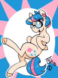 Size: 600x800 | Tagged: safe, artist:scarfyace, oc, oc only, earth pony, pony, colored hooves, cute, cutie mark, earth pony oc, glasses, hooves, multicolored hair, pink eyes, signature